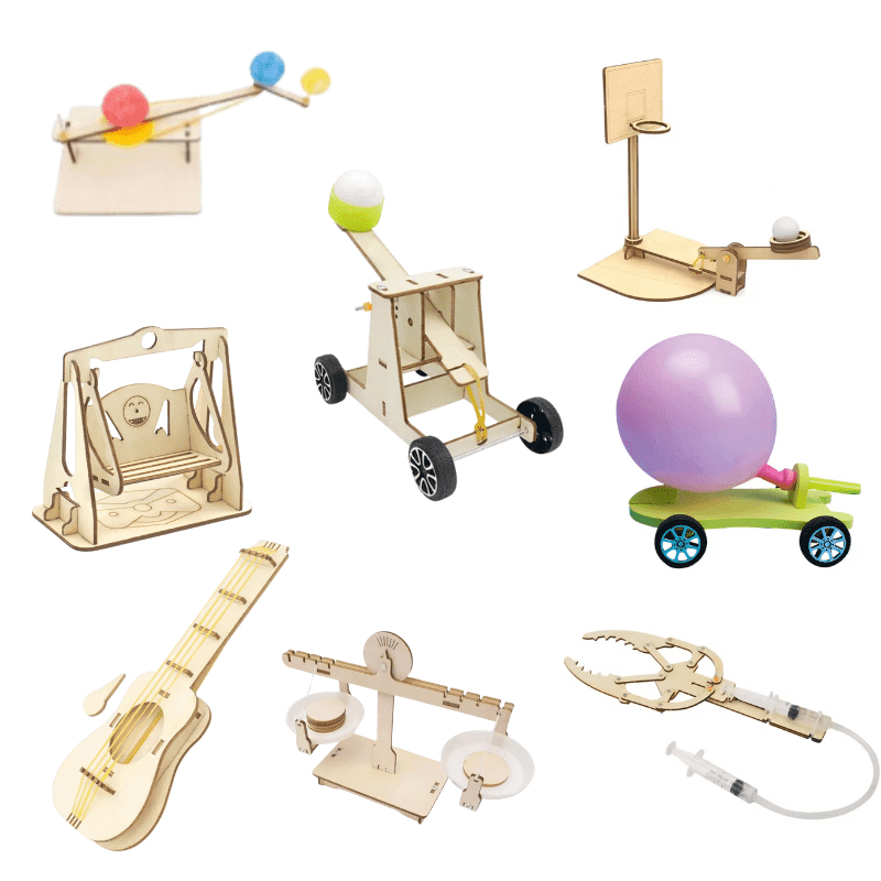 STEMgineers Engineering Kits Box with eight STEM projects for kids including Basketball Shooting Game, Balance Scale, Pneumatic Hand, Mini Swing, Rubber Band Guitar, Catapult, Balloon Powered Car, and Planet Orbit