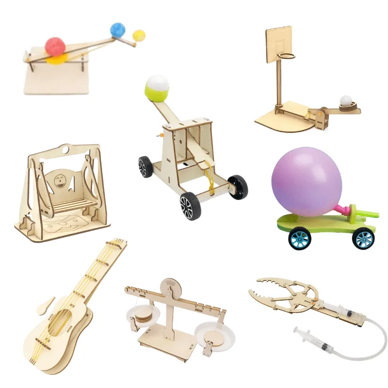 STEMgineers Engineering Kits Box with eight STEM projects for kids including Basketball Shooting Game, Balance Scale, Pneumatic Hand, Mini Swing, Rubber Band Guitar, Catapult, Balloon Powered Car, and Planet Orbit