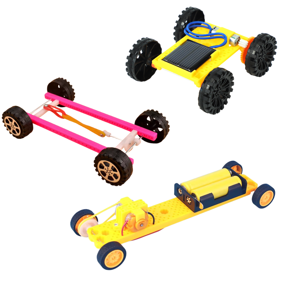 STEM engineering kit box with 3 vehicle projects for kids – rubber band car, electric pulley scooter, and solar buggy.