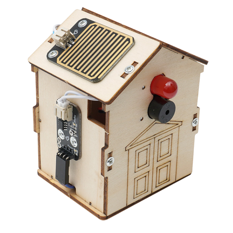 STEM rain sensor project with electronic components and water detection module