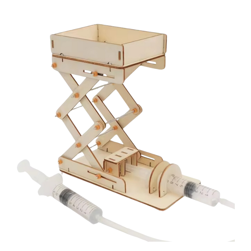 Hydraulic Lift STEM kit with wooden lift structure and syringe-powered hydraulic system