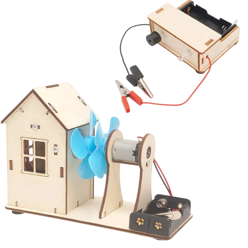 STEM projects showing a wind-powered house model and a conductive material detector device
