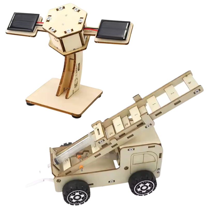 STEM kit projects including a solar-powered satellite model and a hydraulic fire truck